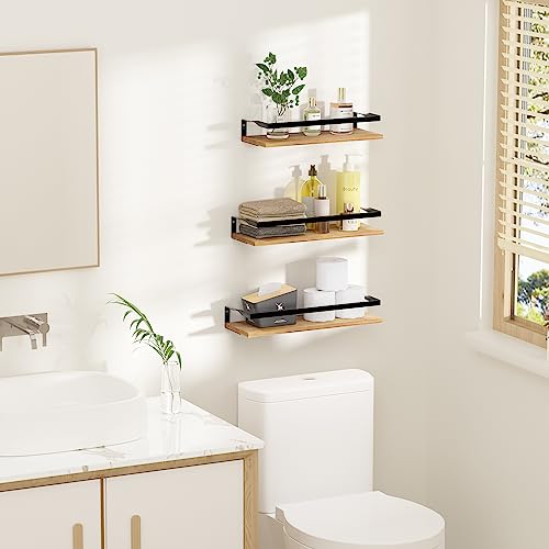 upsimples Bathroom Floating Shelves Wall Mounted Shelving with Removable Towel Bar, Wall Decor and Organizer for Bathroom, Bedroom, Living Room, Kitchen, Light Brown,Set of 3