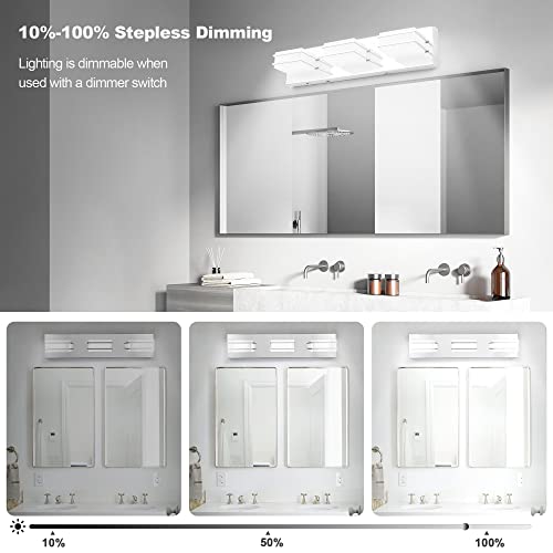 3 Color Temperature Dimmable Bathroom Light Fixtures over Mirror, LED Chrome 3 Light Vanity Lighting Fixtures, Acrylic Stainless Steel Square Shade Vanity Lights for Bathroom, ETL Certificated