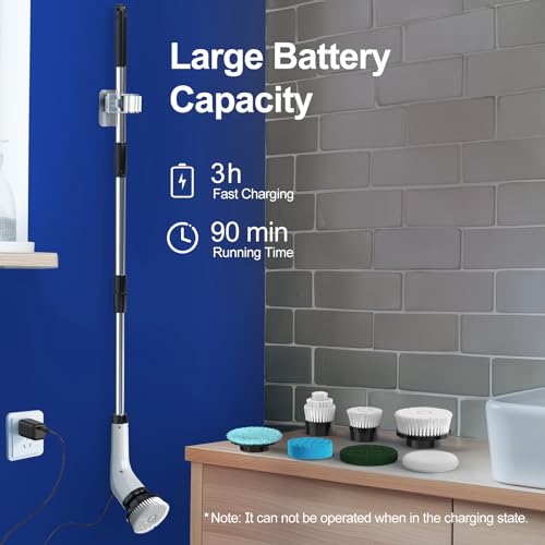 Electric Spin Scrubber with Long Handle: Cordless Power Shower Scrubber Spin Brush with 7 Brush Replacement Heads for Cleaning Bathroom,Tub, Tile