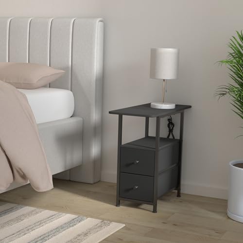 AMHANCIBLE Narrow Nightstand with Charging Station, Slim End Side Table with USB Ports and Outlets, Bedside Table with 2 Fabric Drawers for Bedroom, Living Room, Small Space, Black, HETN012BK-1