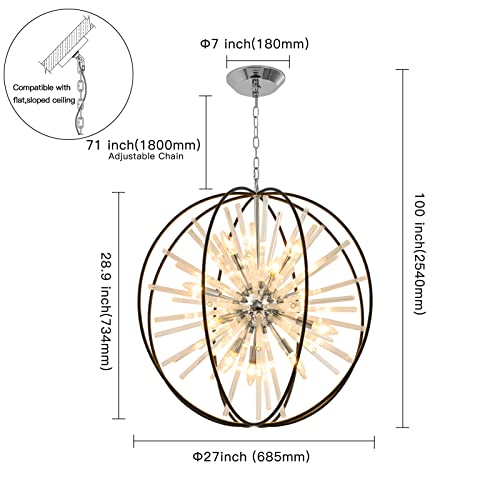 Vezzio 22'' Black and Gold Globe Sputnik Chandelier 10-Light Modern Crystal Chandelier Firework Pendant Light Fixture for Dining Room Living Room Kitchen Island Entryway Foyer Entrance Hallway