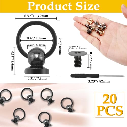 HONSNKS Screwback Round Head Nail Rivet with Pull Ring 8mm Black Leather Rivets Studs for DIY Leather Craft Purse Phone Case Handbag Clothes with Mini Screwdriver, 20PCS