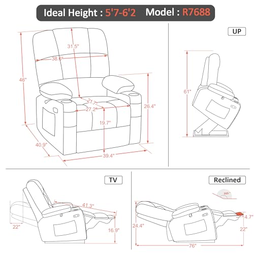 MCombo Oversized Dual Motor Power Lift Recliner Chair Sofa with Massage and Heat for Big Elderly People, Infinite Position, USB Ports, Faux Leather R7688 (Beige, Large-Oversize)