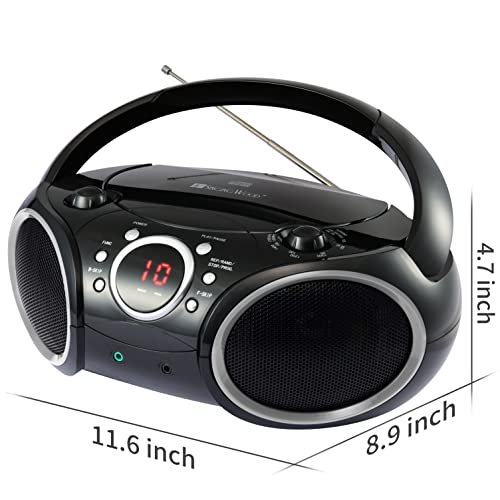 SINGING WOOD 030C Portable CD Player Boombox AM FM Analog Tuning Radio, Aux Line in, Headphone Jack, Foldable Carrying Handle (Black with a Touch of Grey Rims)