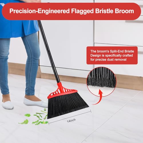 Tiumso Heavy Duty Broom, Outdoor Brooms, Commercial Broom for Sweeping Indoor, Kitchen Broom with 55" Long Handle, Angle Brooms for Patio Kitchen Shop Sidewalk - Black and Red