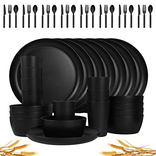 afcevnlb 48-Piece Plastic Wheat Straw Dinnerware Sets Plates and Bowls Sets for 8 Lightweight Bowls Unbreakable Dish Set Dishwasher Microwave Safe Suitable for Camping Party Grill(Black)