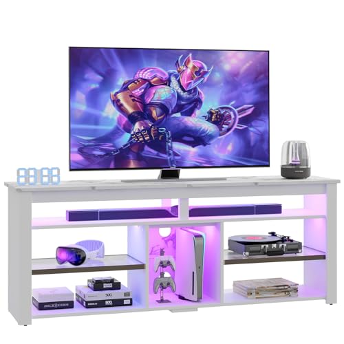 Bestier TV Stand for 65/70 inch TV, Tall Entertainment Center with 2 Led Lights, Gaming TV Console with Storage for PS5, Modern TV Cabinet for Bedroom, Living Room, Black Carbon Fiber