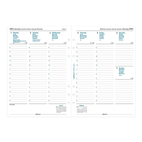 Filofax Calendar Diary Refill, A5 Size, Week-to-View with Appointments, White Paper, Multilingual: Five Languages, 2024 (C68514-24)