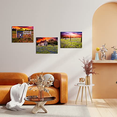 OuElegent Texas Farm Canvas Wall Art Bluebonnet Field Prints Farmhouse Landscape Painting Pictures for Living Room Kitchen Bedroom Office Home Decor Ready to Hang 3 Panels (small)