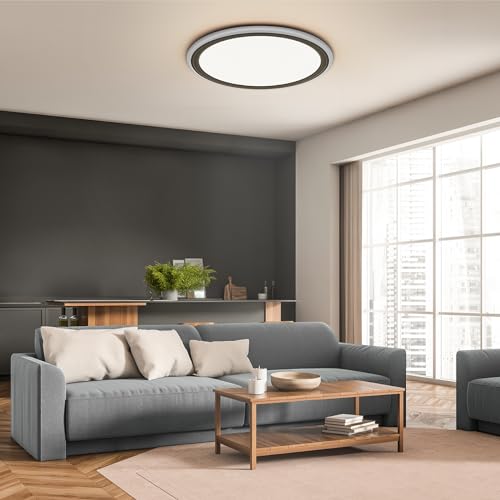 BLNAN 13in LED Flush Mount Ceiling Light Fixture with Remote Control, Dimmable Night Light 2000K, 3000K-6500K 24W Wired Low Profile Light for Bedroom, Kitchen, Living Room, Round Black