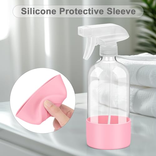 Worldgsb 1 Pack Glass Spray Bottles with Silicone Sleeve, 16 oz Empty Refillable Containers with Adjustable Spray Nozzles, Spray Bottles for Hair, Cleaning Solutions and Plants Pink