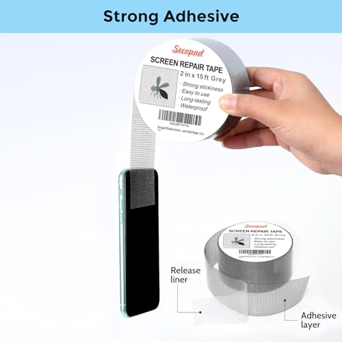 Secopad Grey Window Screen Repair Tape, 2 in X 15 FT (180IN) Screen Repair Kit for Windows or Doors Screen Repair, Strong Adhesive Screen Patch Repair Kit Fiberglass Screen Tape Mesh Repair
