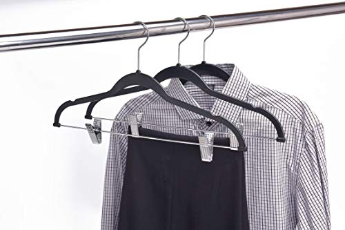 Quality Plastic 20-Pack - Non Velvet Non-Flocked Thin Compact Coat Hangers with Metal Clips for Skirts Pants Blouses - 360° Swivel Hook (Black, 20)