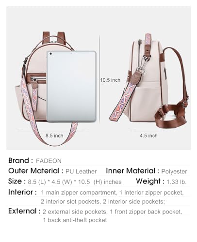 FADEON Mini Backpack Purse for Women, Designer Leather Cute Roomly Small Backpacks, Ladies Shoulder Backpack Fashion Handbag