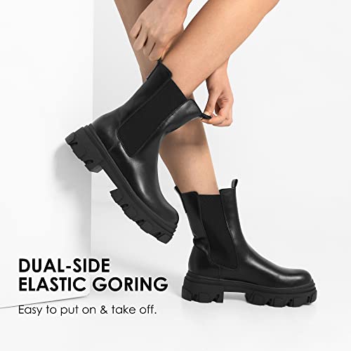 DREAM PAIRS Women's Platform Chelsea Boots Lug Sole Combat Mid Calf Slip On Chunky Ankle Booties,Size 5,Beige/White/Pu,DMB212