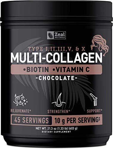 Premium Multi Collagen Peptides Protein Powder (1, 2, 3, 5 & 10) with Vitamin C, Biotin, Hyaluronic Acid, for Hair Skin and Nails - Marine, Bovine, Chicken & Eggshell (Unflavored, 45 Servings)