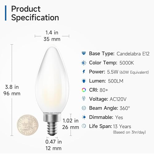 SHINESTAR 6-Pack E12 LED Bulb Dimmable, Daylight White 5000K, Candelabra LED Light Bulbs 60 Watt, Small Base Candle Bulb for Chandelier, Frosted Glass