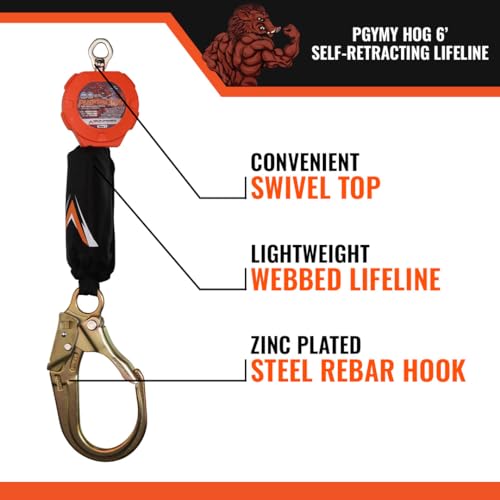 Malta Dynamics Pygmy Hog Web Self Retracting Lifeline – Fall Protection Retractable Safety Lanyard with Connector Kit and Rebar Hook, OSHA Compliant & ANSI Compliant (6 Foot)