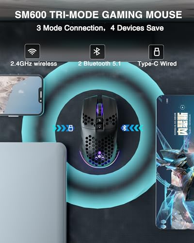SOLAKAKA SM600 Honeycomb Shell Gaming Mouse Wireless,8000 DPI Tri-Modes BT5.1/2.4G Wireless/Type-C Wired Gamer Mouse with 2 Side Buttons, Macro Programmable and RGB Light for PC/Mac/Laptop,Black