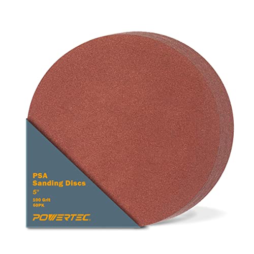 POWERTEC 45510-P3 5-Inch PSA Sanding Disc, 100 Grit, Aluminum Oxide Adhesive Sandpaper for Random Orbital Sander, 1x30 Belt Disc Sander, 60 PK