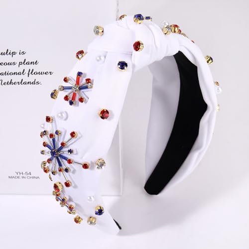 ZOLEAROPY 4 th of July Knotted Headband Celebration American Flag Fireworks Knot Hairband Pearl Rhinestone Jeweled Wide Patriotic Head Band USA Independence Day Headband