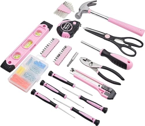Amazon Basics Household Tool Kit With Storage Case, 142 Piece, Pink, 13.39 x 9.25 x 2.95 inch