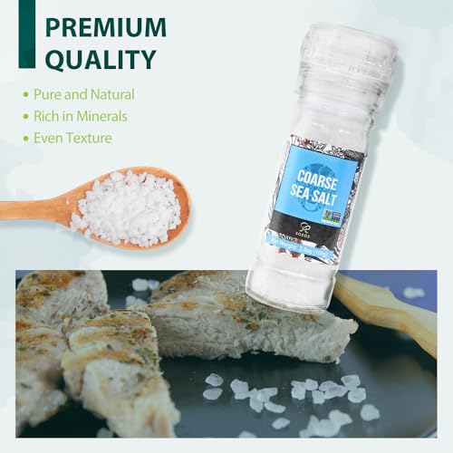 Soeos Sea Salt 3.5 oz + Black Peppercorns 1.8 oz, Salt for Grinder Refill, Salt and Peppercorns, Pepper Grinder Refill, Non-GMO Spice Seasoning Set For Cooking (150g Grinders, Glass Bottle)