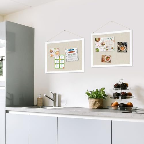 AMUSIGHT 2-Pack Double-Sided Cork Board with Linen, 16" x 12" Hanging Wood Framed Bulletin Board, Picture Display Vision Board Kit Corkboards for Wall School Office Decor, 20 Pushpins (Vintage White)