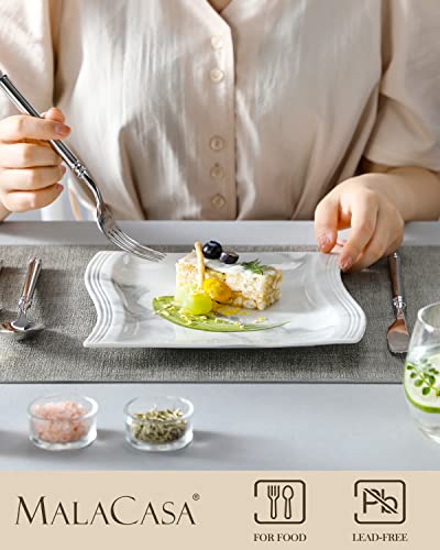 MALACASA Square Dinner Plates, 8.2 Inch Porcelain Serving Plate, Ceramic Dessert Plates Set of 6, Modern White Kitchen Plates, Microwave, Oven, Dishwasher Safe, Series Flora