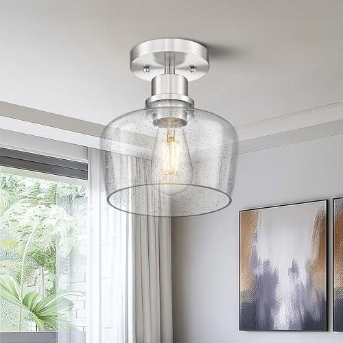 Emak Modern 8 Inch Ceiling Light Fixtures, Brushed Nickel Semi Flush Mount Ceiling Light with Seeded Glass Shade, Flush Mount Light Fixture for Bathroom, Bedroom, Kitchen, Hallway, FM122-BN-SG