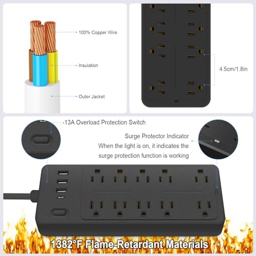 Asamoom 15 FT 14-in-1 Power Strips with Surge Protection 1700J,10 Outlets with 4 USB Ports (1 USB C) Long Extension Cord with Multiple Outlets 16Awg 1625W/13A Flat Plug Power Strip Protector Black