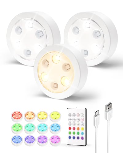 EZVALO Puck Lights with Remote,14 Colors RGB Closet Lights,1200mAh Rechargeable Under Cabinet Lighting with Timer,Wireless LED Under Counter Lights for Kitchen,Shelf,Display Cabinet (3 Packs)