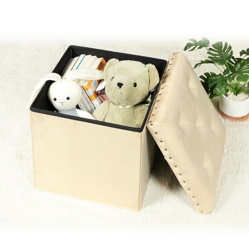 PINPLUS Beige Folding Storage Ottoman Cube, 16inch Velvet Tuffed Storage Ottoman, Foldable Foot Rest Stool with Rivet Tray, Shoes Box Toy Chest and Seat for Living Room, Bedroom