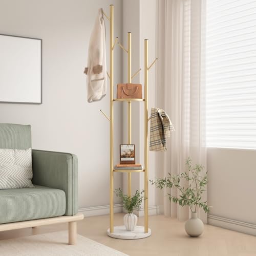 TIEOU Metal Coat Rack, Gold Coat Racks Freestanding with Shelves and Marble Base, Coat Tree with 9 Hooks for Scarves, Bags, Modern Coat Rack Stand for Entryway, Living Room, Bedroom, Easy Assembly