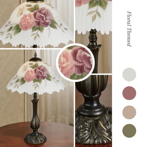 Touch of Class Brinley Floral Table Lamp - Bronze - Old Fashioned Desk Lamp for Bedroom, Living Room, Office - Painted by Hand Ruffled Glass Lampshade - Victorian Style Aesthetic