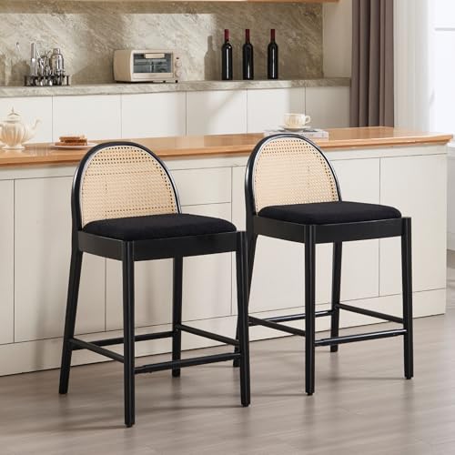 HEAH-YO Rattan Counter Stools Set of 2, 26 Inches Counter Height Bar Stools with Backrests and Wood Legs, Upholstered Sherpa Rattan Kitchen Stool for Island, Black