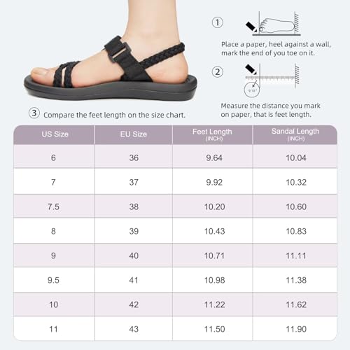 MEGNYA Ladies Supportive Walking Dressy Sandals, Cushion Rubber Insole Sandals for Outdoor Adventure, Comfortable Flip Flop Water Sandals with Cute Hook and Loop Straps Black Grey Size 6