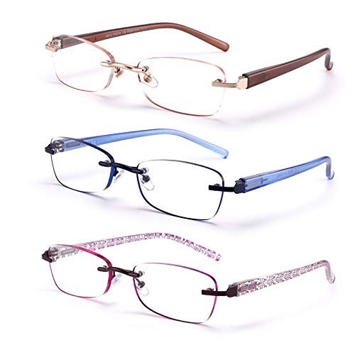 FEIVSN 3-Pack Rimless Reading Glasses For Women, Lightweight Spring Hinge Readers, Classic Elegant Artistic Eyeglasses UV 400 (Red 4.0 Etc)