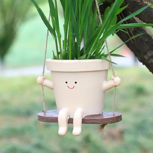 CEOJPA Swing Smiley Face Hanging Planter Pot for Indoor Outdoor Plants, Cute Swinging Plant Pot, Hanging Flower Pots, Face Planter Pot Head, Resin Succulent Planter (S-Plant Pot-Straight)