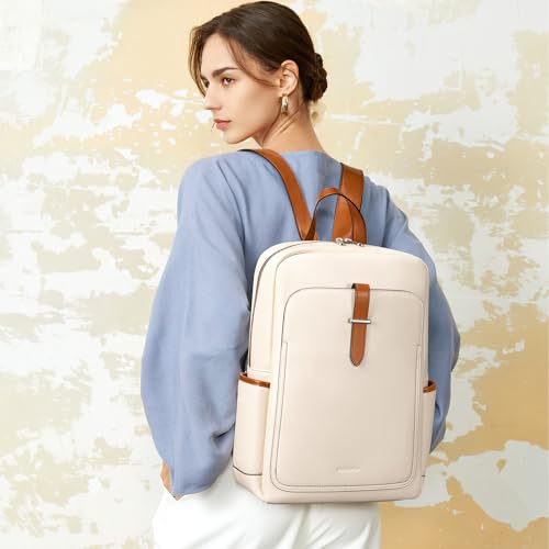 BOSTANTEN Leather Laptop Backpack for Women,15.6 inch Computer Backpack Purse College Daypack Work Travel Bag Beige-White