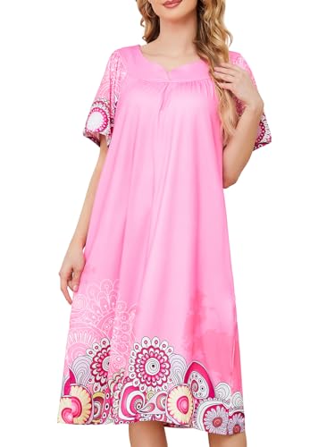 udforsk House Dresses for Older Women with Pockets Hawaiian Muumuu Duster Housecoat Grandma Nightgown Anthony Richards Pink Feather M