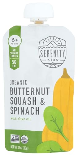 Serenity Kids 6+ Months USDA Organic Veggie Puree Baby Food Pouches | No Sugary Fruits or Added Sugar | Allergen Free | 3.5 Ounce BPA-Free Pouch | Butternut Squash & Spinach | 1 Count