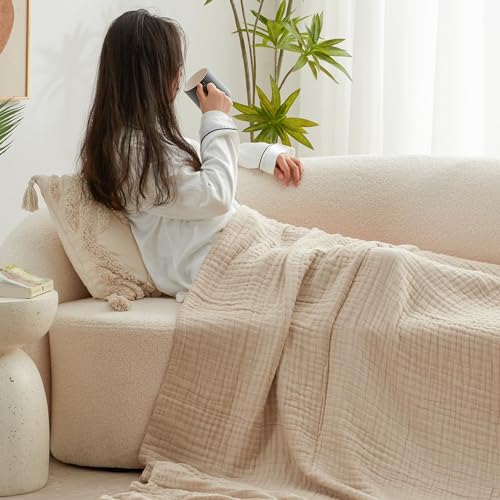 Love's cabin 6 Layer Cotton Muslin Blanket, 50"x60" Throw Muslin Blanket for Couch Bed, Apricot Muslin Throw Blanket, Cotton Gauze Blanket for Adult, Lightweight and Breathable Blanket All Season