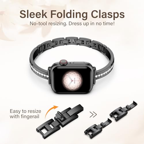 Missair Bands Compatible with Apple Watch Band 38mm 40mm 41mm 42mm 44mm 45mm 46mm 49mm for Women Girl, Slim Metal Dressy Jewelry Bracelet with Bling Diamond for iWatch Series 10 9 8 7 6 5 4 3 SE Ultra