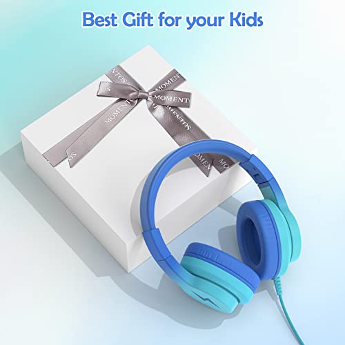 Candy Bila Kids Headphones, Wired Headphones for Kids with Microphone, 85/94dB Volume Limiter Headphones for Girls Boys with Sharing Jack, Foldable Headphones for Online Study, Gradient Blue