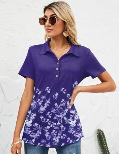 TFSDOD Womens Casual Polo T Shirts V Neck Short Sleeve Button Down Business Casual Tops Loose Work Blouses Floral Apricot Black S