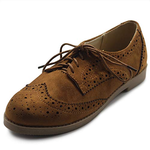 Ollio Women's Flat Shoe Wingtip Lace Up Faux Nubuck Oxford M2920 (6 B(M) US, Black)