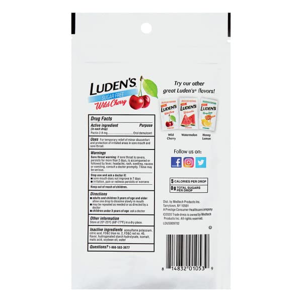 Luden's Sugar Free Wild Cherry Throat Drops, Sore Throat Relief, 25 Count (3 Pack)