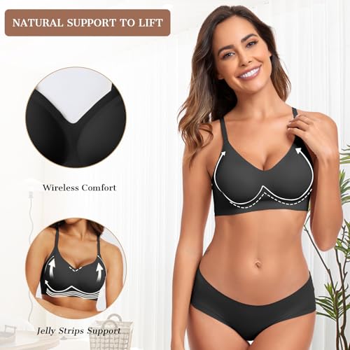 OEAK Womens Push Up Everyday Bras Comfortable Wireless Bralettes V Neck Seamless Bra Smooth Brassiere Wire Free Basic Bras Black M