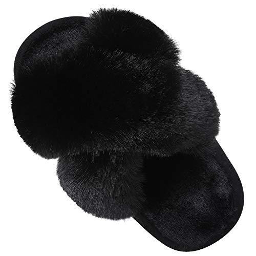 Girl's Soft Plush Lightweight House Slippers Non Slip Cross Band Slip on Open Toe Cozy Indoor Outdoor Slippers BK30 Black